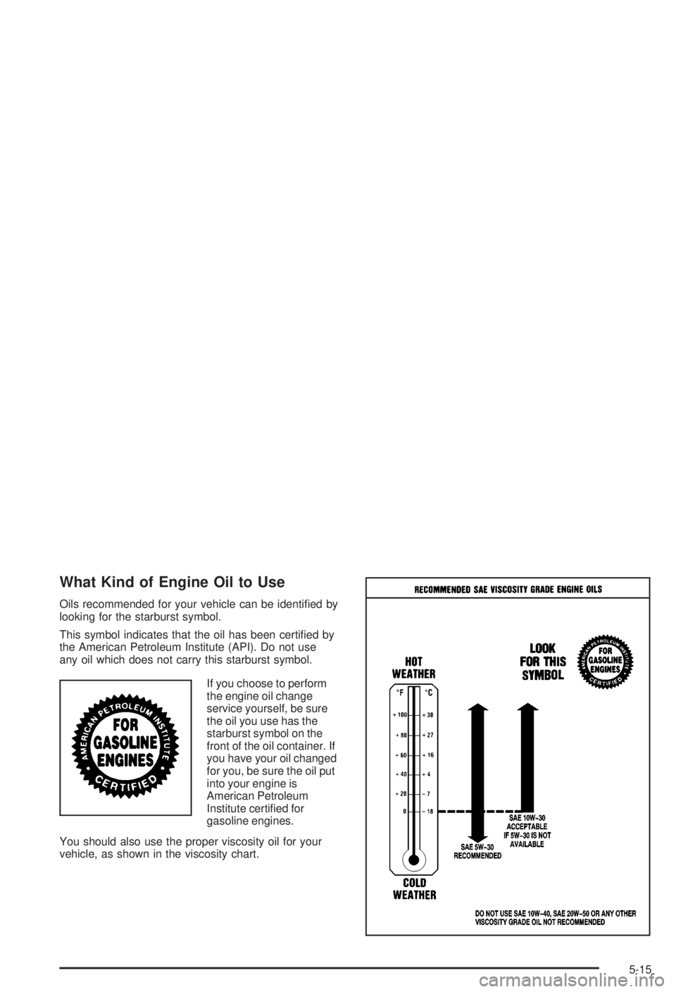 BUICK CENTURY 2003  Owners Manual What Kind of Engine Oil to Use
Oils recommended for your vehicle can be identi®ed by
looking for the starburst symbol.
This symbol indicates that the oil has been certi®ed by
the American Petroleum 