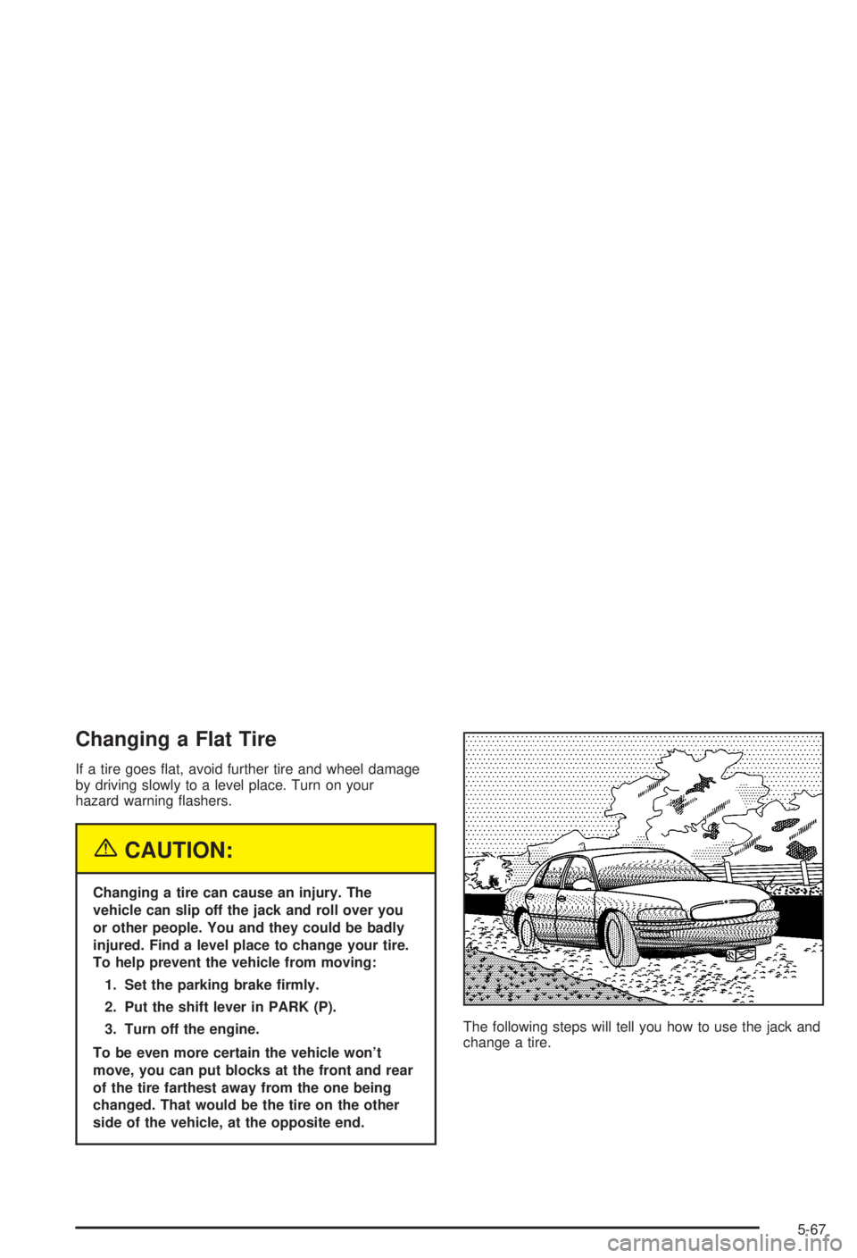 BUICK CENTURY 2003  Owners Manual Changing a Flat Tire
If a tire goes ¯at, avoid further tire and wheel damage
by driving slowly to a level place. Turn on your
hazard warning ¯ashers.
{CAUTION:
Changing a tire can cause an injury. T