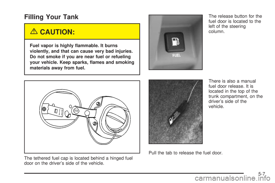 BUICK PARK AVENUE 2003  Owners Manual Filling Your Tank
{CAUTION:
Fuel vapor is highly ¯ammable. It burns
violently, and that can cause very bad injuries.
Do not smoke if you are near fuel or refueling
your vehicle. Keep sparks, ¯ames a