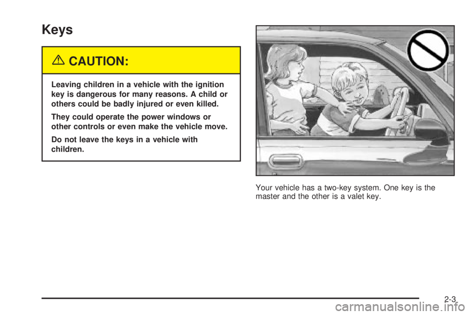 BUICK PARK AVENUE 2003  Owners Manual Keys
{CAUTION:
Leaving children in a vehicle with the ignition
key is dangerous for many reasons. A child or
others could be badly injured or even killed.
They could operate the power windows or
other