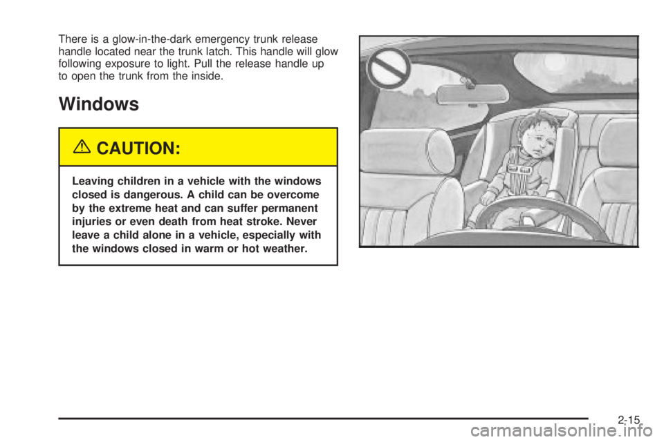 BUICK PARK AVENUE 2003  Owners Manual There is a glow-in-the-dark emergency trunk release
handle located near the trunk latch. This handle will glow
following exposure to light. Pull the release handle up
to open the trunk from the inside