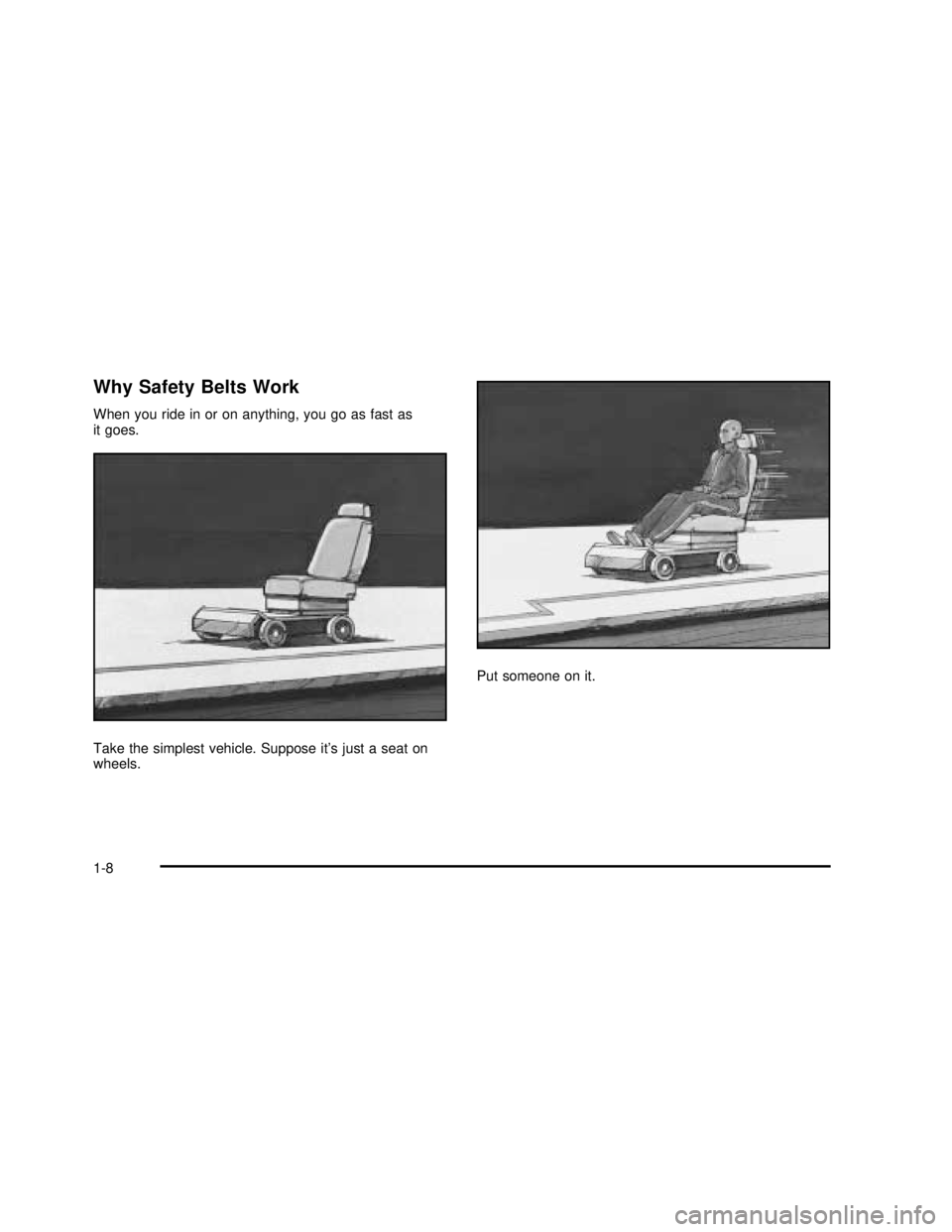 BUICK REGAL 2003  Owners Manual Why Safety Belts Work
When you ride in or on anything, you go as fast as
it goes.
Take the simplest vehicle. Suppose it’s just a seat on
wheels.Put someone on it.
1-8
2003 - Regal OM 