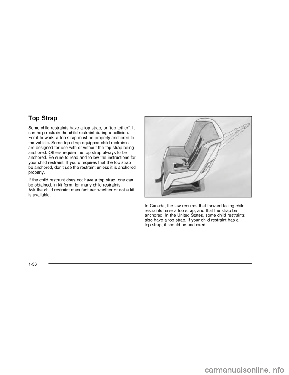 BUICK REGAL 2003  Owners Manual Top Strap
Some child restraints have a top strap, or“top tether”.It
can help restrain the child restraint during a collision.
For it to work, a top strap must be properly anchored to
the vehicle. 