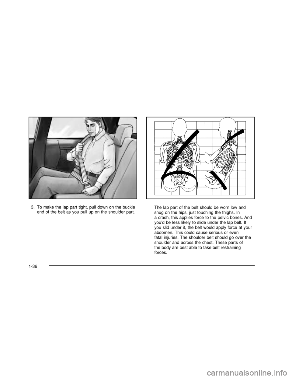 BUICK RANDEZVOUS 2003  Owners Manual 3. To make the lap part tight, pull down on the buckle
end of the belt as you pull up on the shoulder part.The lap part of the belt should be worn low and
snug on the hips, just touching the thighs. I