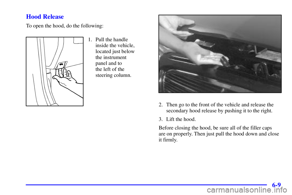 BUICK CENTURY 2002  Owners Manual 6-9 Hood Release
To open the hood, do the following:
1. Pull the handle
inside the vehicle,
located just below
the instrument
panel and to 
the left of the 
steering column.
2. Then go to the front of