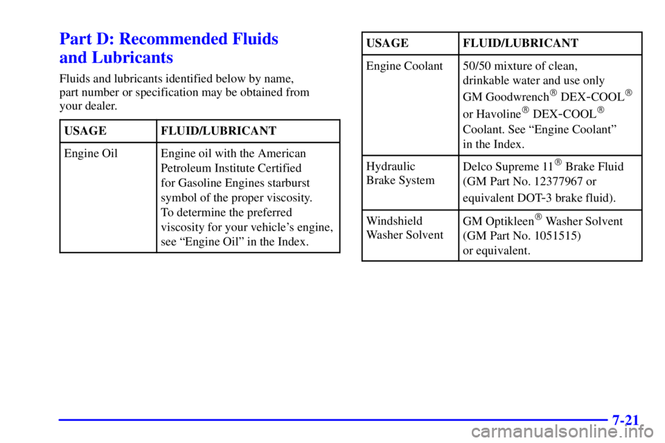 BUICK CENTURY 2002  Owners Manual 7-21
Part D: Recommended Fluids 
and Lubricants
Fluids and lubricants identified below by name, 
part number or specification may be obtained from 
your dealer.
USAGE
FLUID/LUBRICANT
Engine OilEngine 