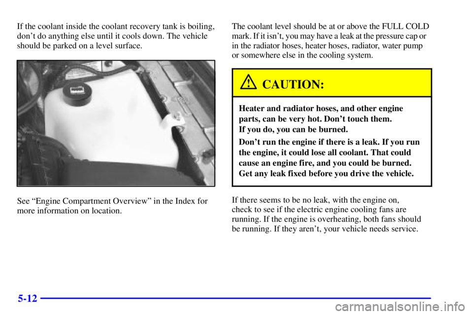BUICK PARK AVENUE 2002 Owners Manual 5-12
If the coolant inside the coolant recovery tank is boiling,
dont do anything else until it cools down. The vehicle
should be parked on a level surface.
See ªEngine Compartment Overviewº in the BUICK PARK AVENUE 2002 Owners Manual 5-12
If the coolant inside the coolant recovery tank is boiling,
dont do anything else until it cools down. The vehicle
should be parked on a level surface.
See ªEngine Compartment Overviewº in the