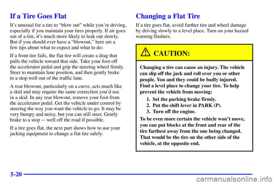 BUICK PARK AVENUE 2002 Owners Manual 5-20
If a Tire Goes Flat
Its unusual for a tire to ªblow outº while youre driving,
especially if you maintain your tires properly. If air goes
out of a tire, its much more likely to leak out slow BUICK PARK AVENUE 2002 Owners Manual 5-20
If a Tire Goes Flat
Its unusual for a tire to ªblow outº while youre driving,
especially if you maintain your tires properly. If air goes
out of a tire, its much more likely to leak out slow