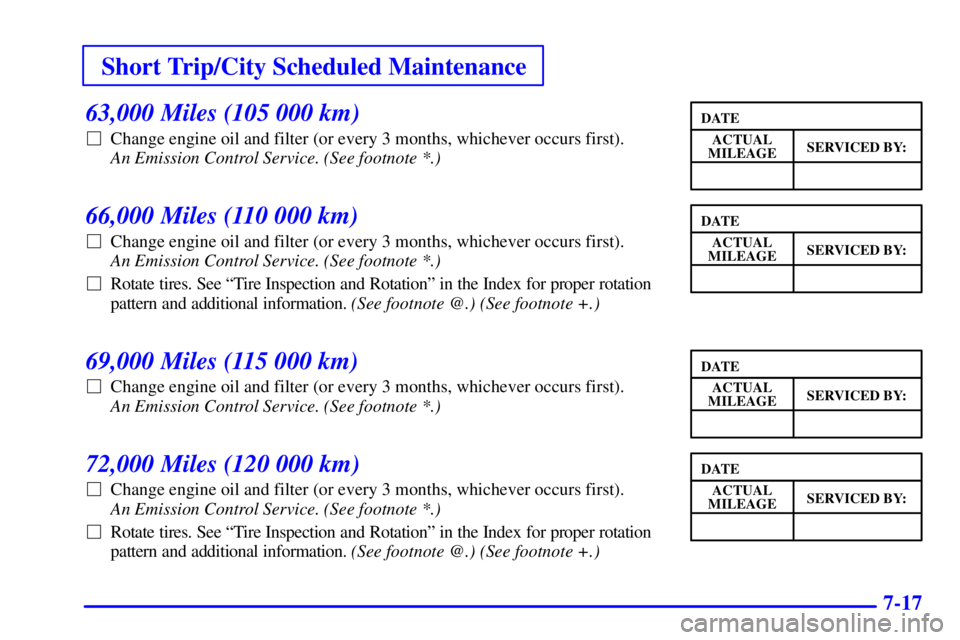 BUICK PARK AVENUE 2002 Owners Manual Short Trip/City Scheduled Maintenance
7-17
63,000 Miles (105 000 km)
Change engine oil and filter (or every 3 months, whichever occurs first).
An Emission Control Service. (See footnote *.)
66,000 BUICK PARK AVENUE 2002 Owners Manual Short Trip/City Scheduled Maintenance
7-17
63,000 Miles (105 000 km)
Change engine oil and filter (or every 3 months, whichever occurs first).
An Emission Control Service. (See footnote *.)
66,000