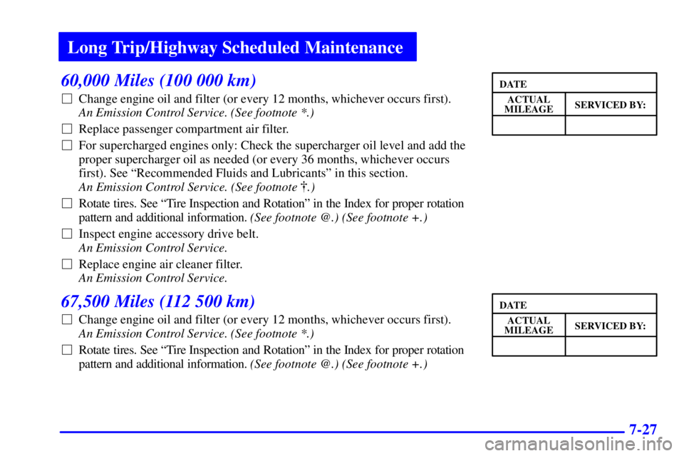 BUICK PARK AVENUE 2002 Owners Manual Long Trip/Highway Scheduled Maintenance
7-27
60,000 Miles (100 000 km)
Change engine oil and filter (or every 12 months, whichever occurs first).
An Emission Control Service. (See footnote *.)
Rep BUICK PARK AVENUE 2002 Owners Manual Long Trip/Highway Scheduled Maintenance
7-27
60,000 Miles (100 000 km)
Change engine oil and filter (or every 12 months, whichever occurs first).
An Emission Control Service. (See footnote *.)
Rep