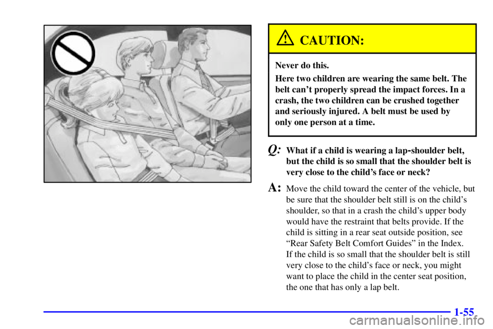 BUICK PARK AVENUE 2002  Owners Manual 1-55
CAUTION:
Never do this.
Here two children are wearing the same belt. The
belt cant properly spread the impact forces. In a
crash, the two children can be crushed together
and seriously injured. 