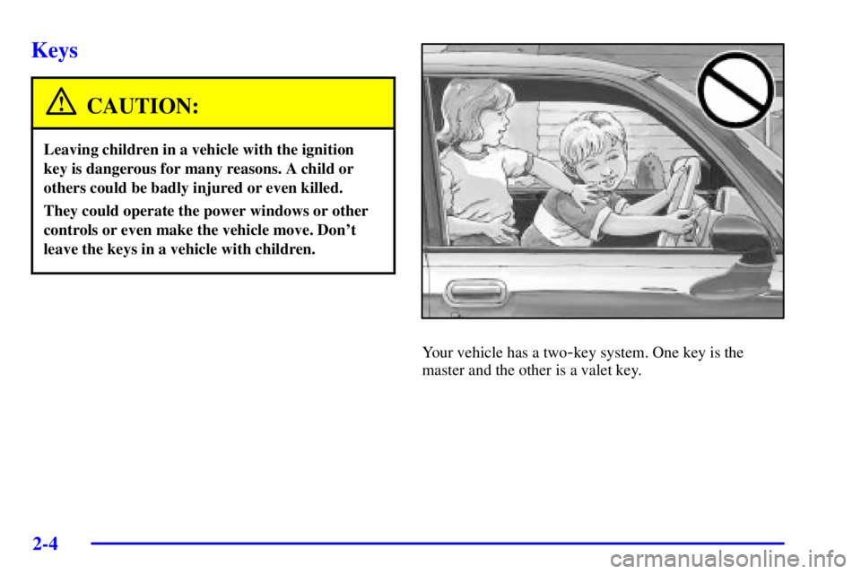 BUICK PARK AVENUE 2002  Owners Manual 2-4
Keys
CAUTION:
Leaving children in a vehicle with the ignition
key is dangerous for many reasons. A child or
others could be badly injured or even killed.
They could operate the power windows or ot