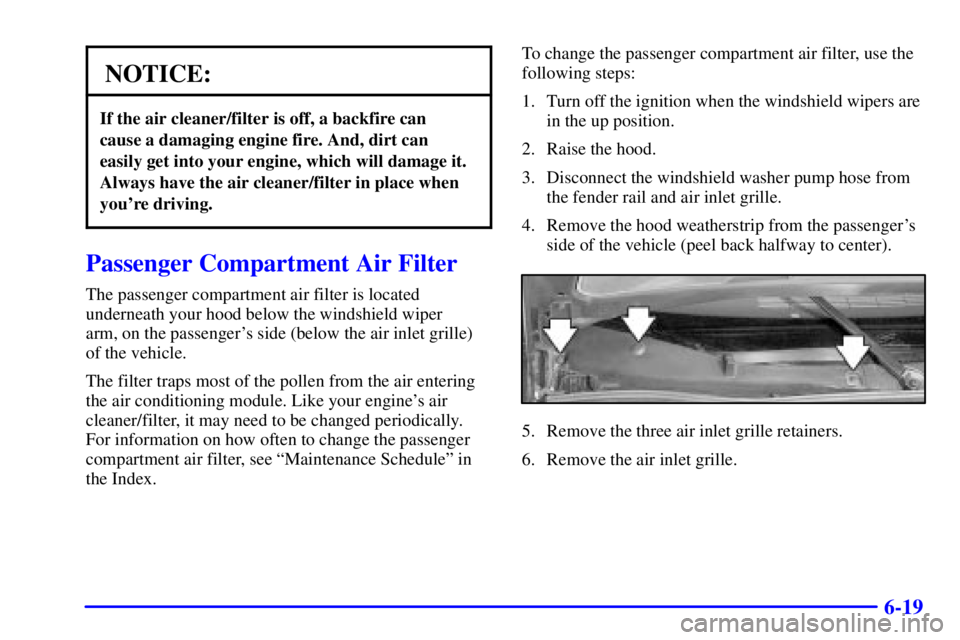 BUICK REGAL 2002 Owners Manual 6-19
NOTICE:
If the air cleaner/filter is off, a backfire can
cause a damaging engine fire. And, dirt can
easily get into your engine, which will damage it.
Always have the air cleaner/filter in pla BUICK REGAL 2002 Owners Manual 6-19
NOTICE:
If the air cleaner/filter is off, a backfire can
cause a damaging engine fire. And, dirt can
easily get into your engine, which will damage it.
Always have the air cleaner/filter in pla