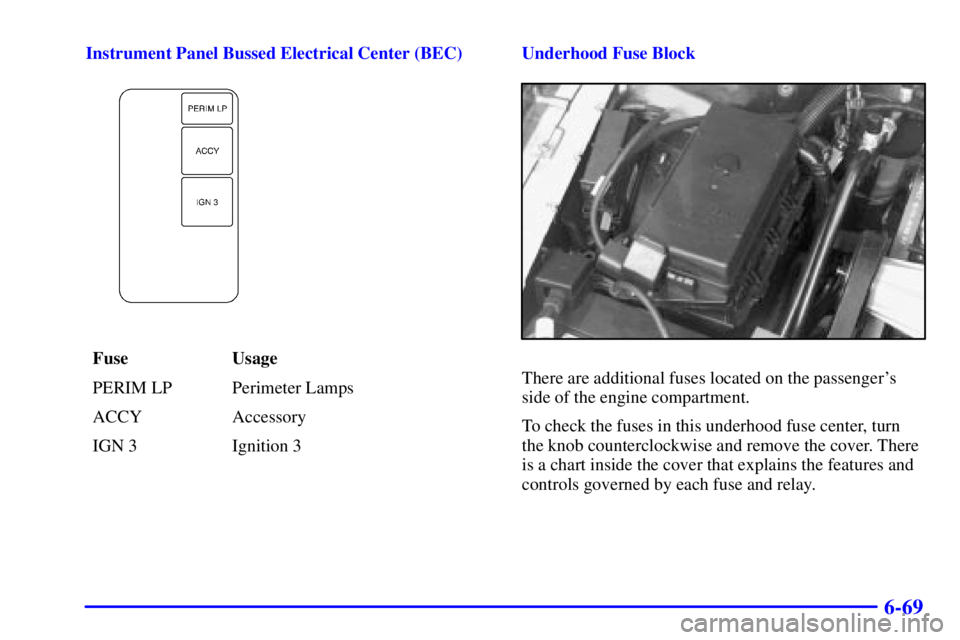 BUICK PARK AVENUE 2001  Owners Manual 6-69
Instrument Panel Bussed Electrical Center (BEC)
Fuse Usage
PERIM LP Perimeter Lamps
ACCY Accessory
IGN 3 Ignition 3Underhood Fuse Block
There are additional fuses located on the passengers
side 