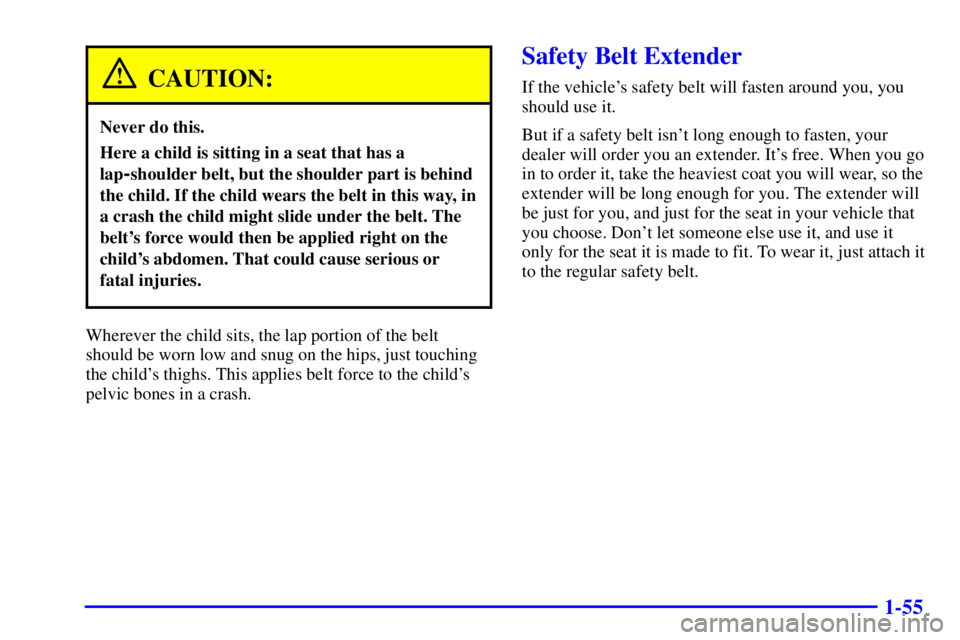 BUICK PARK AVENUE 2001 Owners Manual 1-55
CAUTION:
Never do this.
Here a child is sitting in a seat that has a
lap
-shoulder belt, but the shoulder part is behind
the child. If the child wears the belt in this way, in
a crash the child m BUICK PARK AVENUE 2001 Owners Manual 1-55
CAUTION:
Never do this.
Here a child is sitting in a seat that has a
lap
-shoulder belt, but the shoulder part is behind
the child. If the child wears the belt in this way, in
a crash the child m