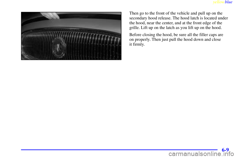 BUICK LESABRE 2000  Owners Manual yellowblue     
6-9
Then go to the front of the vehicle and pull up on the
secondary hood release. The hood latch is located under
the hood, near the center, and at the front edge of the
grille. Lift 