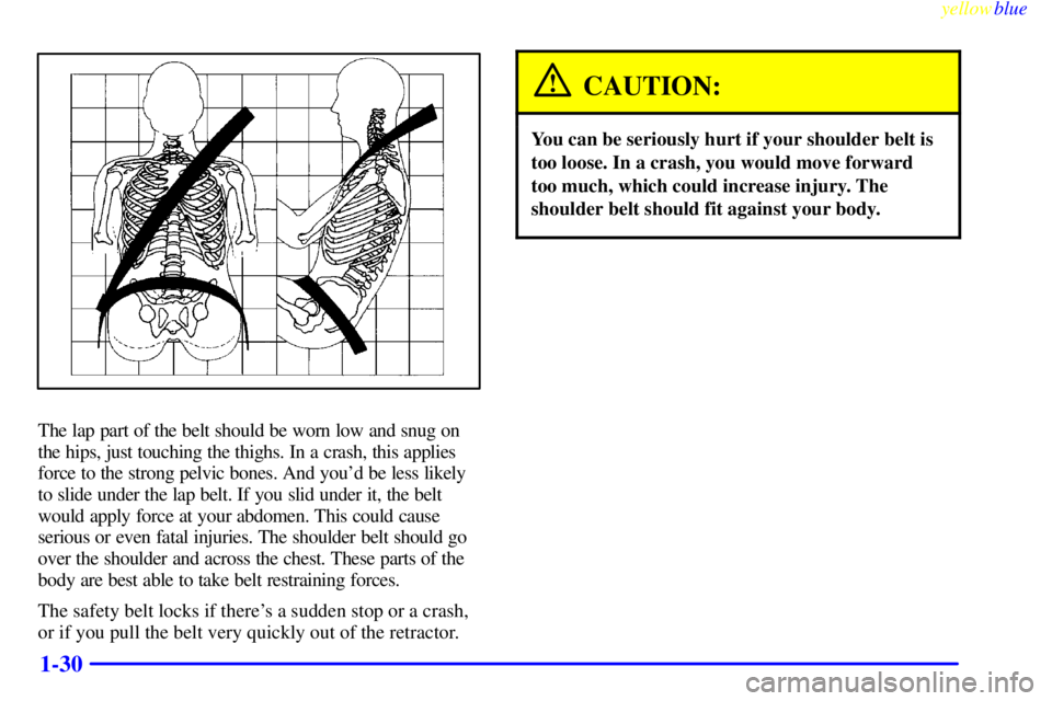 BUICK CENTURY 1999  Owners Manual yellowblue     
1-30
The lap part of the belt should be worn low and snug on
the hips, just touching the thighs. In a crash, this applies
force to the strong pelvic bones. And youd be less likely
to 