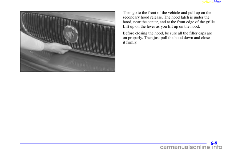 BUICK LESABRE 1999  Owners Manual yellowblue     
6-9
Then go to the front of the vehicle and pull up on the
secondary hood release. The hood latch is under the
hood, near the center, and at the front edge of the grille.
Lift up on th