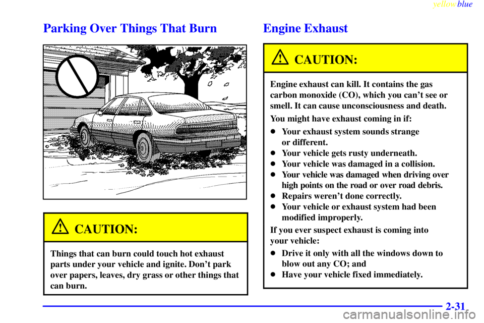 BUICK LESABRE 1999  Owners Manual yellowblue     
2-31
Parking Over Things That Burn
CAUTION:
Things that can burn could touch hot exhaust
parts under your vehicle and ignite. Dont park
over papers, leaves, dry grass or other things 