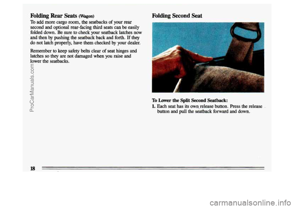 BUICK CENTURY 1993  Owners Manual Folding Rear Sea& (Wagon) 
To add  more  cargo  room,  the  seatbacks of your rear 
second  and  optional  rear-facing  third  seats  can  be  easily 
folded  down. 
Be sure  to  check  your  seatback