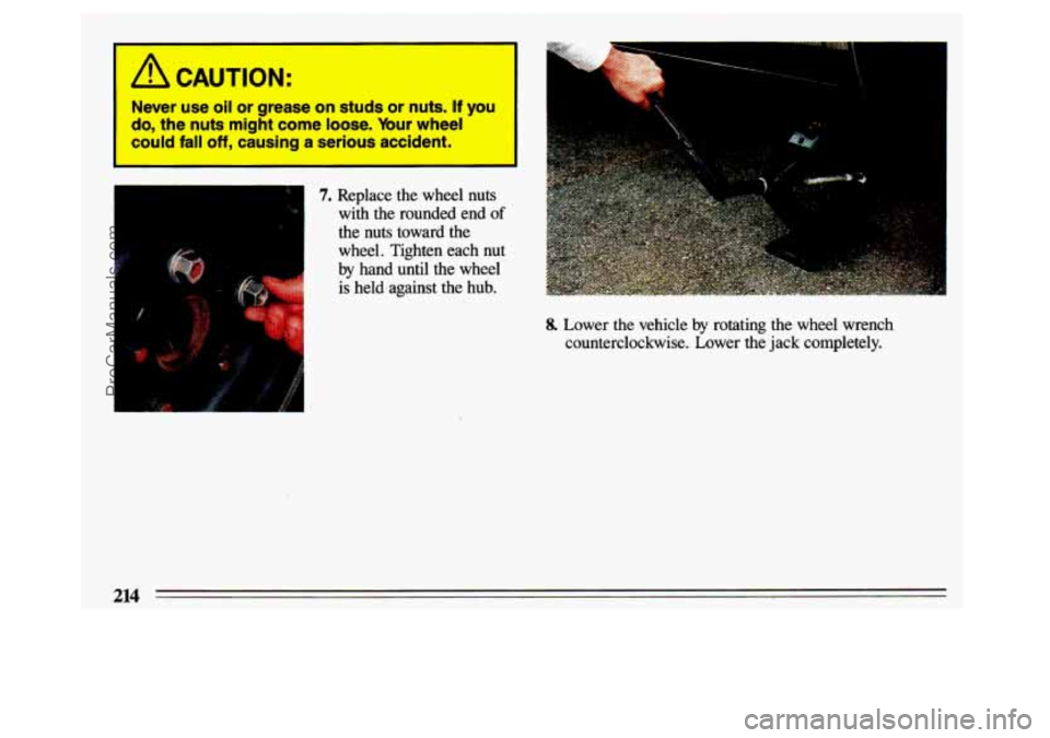 BUICK CENTURY 1993  Owners Manual I A CAUTION: 
Never  use  oil  or  grease  on  studs  or  nuts. If you 
do,  the  nuts  might  come  loose.  Your  wheel 
could  fall 
off, causing  a  serious  accident. 
c 
7. Replace  the  wheel  n