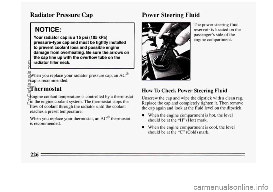 BUICK CENTURY 1994 Owners Manual Radiator Pressure Cap
I NOTICE:
Your radiator cap is a 15 psi (105 kPa)
pressure-type cap and must be tightly installed
to prevent coolant
loss and possible engine
damage from o BUICK CENTURY 1994 Owners Manual Radiator Pressure Cap
I NOTICE:
Your radiator cap is a 15 psi (105 kPa)
pressure-type cap and must be tightly installed
to prevent coolant
loss and possible engine
damage from o
