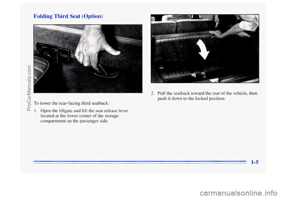 BUICK CENTURY 1996  Owners Manual Folding Third Seat  (Option) 
To lower the rear-facing  third  seatback: 
I. Open the liftgate and lift the seat release  lever 
located 
at the lower  corner of the  storage 
compartment on 
the pass