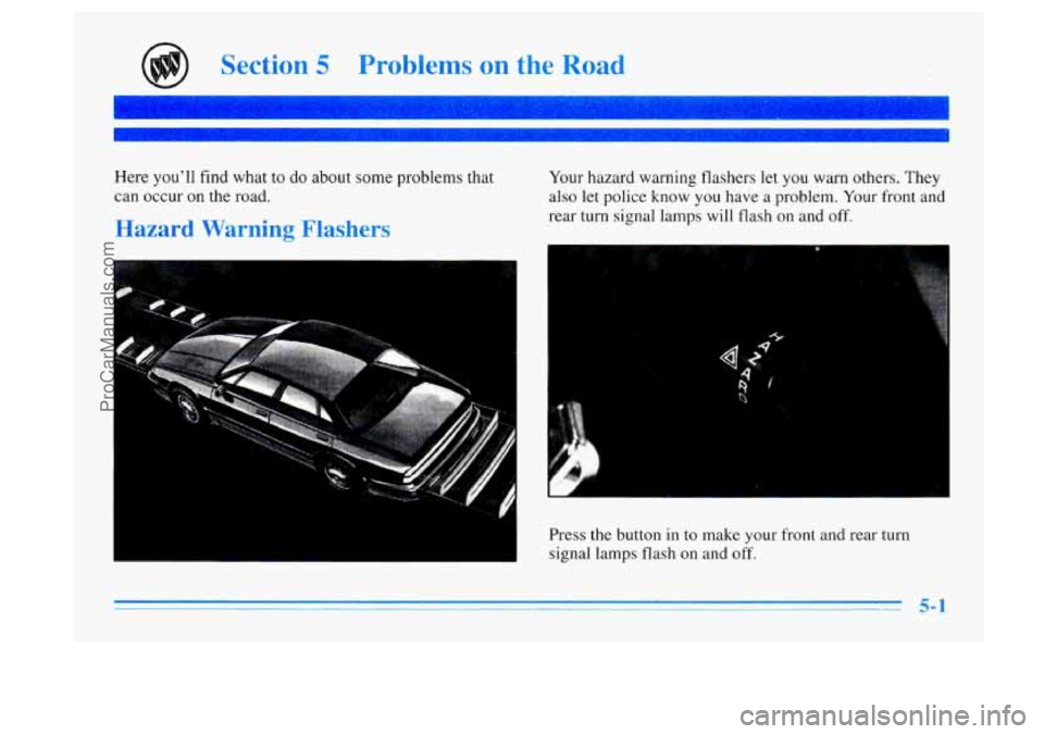 BUICK CENTURY 1996  Owners Manual Section 5 Problems on the Road 
Here you’ll find what  to do  about some problems that 
can  occur  on 
the road. 
Hazard Warning Flashers 
Your hazard warning  flashers let you warn others.  They 
