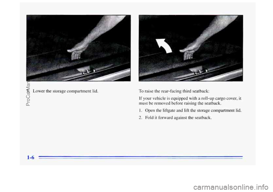 BUICK CENTURY 1996  Owners Manual 3. Lower the storage compartment lid. To raise the rear-facing third  seatback: 
If your vehicle is equipped  with a roll-up  cargo cover, it 
must  be  removed before raising the seatback. 
1. Open  
