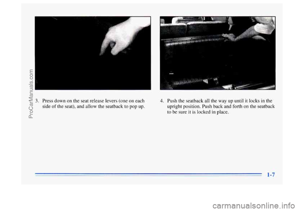 BUICK CENTURY 1996  Owners Manual I 
3. Press down on the  seat  release  levers  (one  on each 
side  of the  seat), and  allow the seatback  to  pop up. 4. Push the seatback  all the  way  up  until it locks in the 
upright position