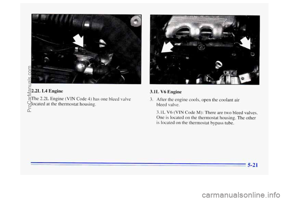 BUICK CENTURY 1996  Owners Manual i,I *La " 
2.2L L4 Engine 
The 2.2L Engine (VIN Code 4) has one  bleed  valve 
located  at the thermostat  housing. 
L L 
3.1L V6 Engine 
3. After the engine cools, open  the coolant air 
bleed  valve