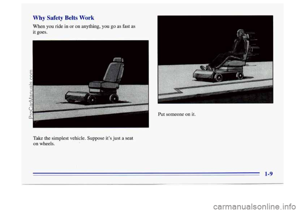 BUICK CENTURY 1996  Owners Manual Why  Safety  Belts Work 
When you ride in or on anything, you go as fast  as 
it  goes. 
Take  the  simplest  vehicle. Suppose  its  just  a  seat 
on wheels.  Put 
someone 
on it. 
1-9 
ProCarManual