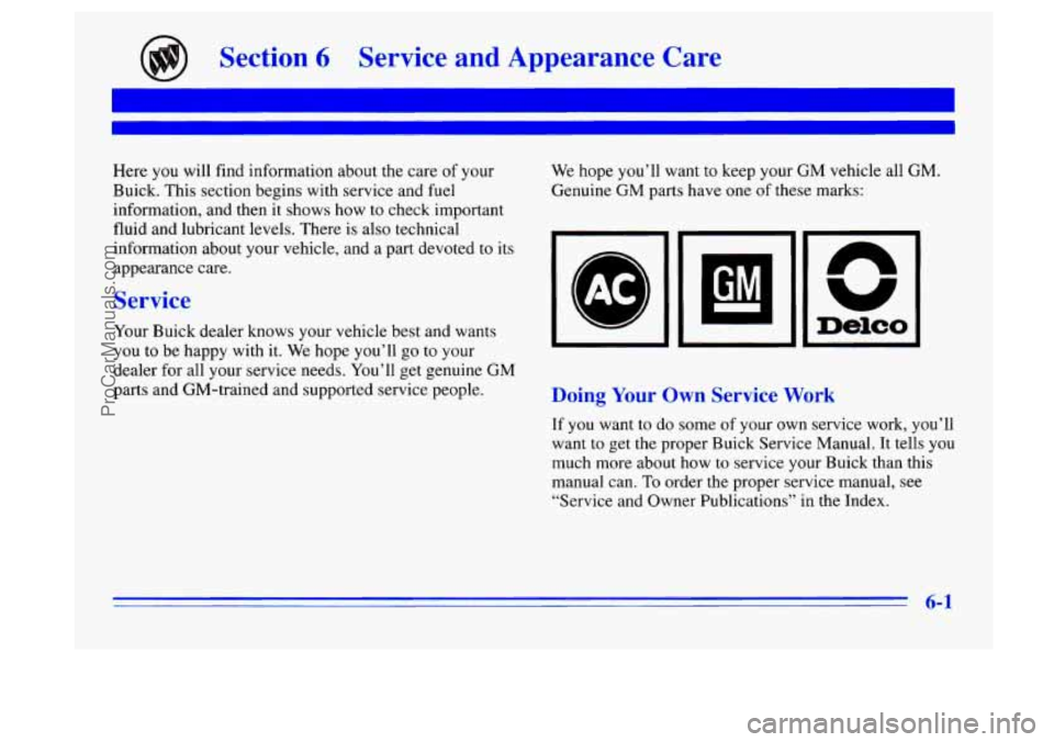 BUICK CENTURY 1996  Owners Manual Section 6 Service  and  Appearance  Care 
Here you will find  information  about  the  care  of your 
Buick.  This  section  begins  with service  and fuel 
information,  and then 
it shows how to che
