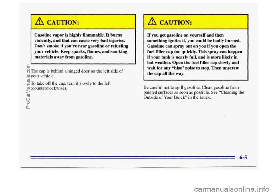 BUICK CENTURY 1996  Owners Manual - - 
Gasoline vapor is  highly  flammable.  It burns 
violently,  and  that can cause  very  bad injuries. 
Don’t  smoke 
if you’re  near gasoline  or refueling 
your  vehicle.  Keep  sparks, flam