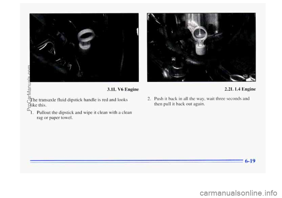 BUICK CENTURY 1996  Owners Manual 3.1L V6 Engine 
The transaxle  fluid  dipstick  handle is red and looks 
like this. 
1. Pullout the dipstick and wipe it clean with  a  clean 
rag  or  paper towel. 
2.2L L4 Engine 
2. Push it back in