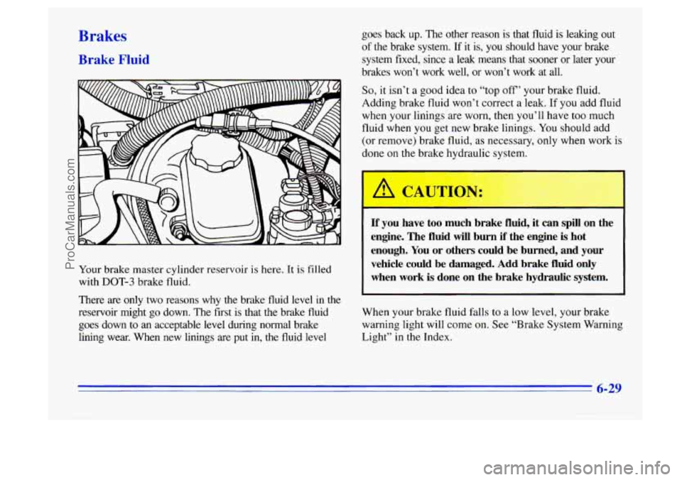 BUICK CENTURY 1996  Owners Manual Brakes 
Bra 
Your brake  master  cylinder  reservoir is here. It is  filled 
with 
DOT-3 brake  fluid. 
There are 
only two  reasons  why  the brake  fluid  level  in  the 
reservoir  might  go down. 