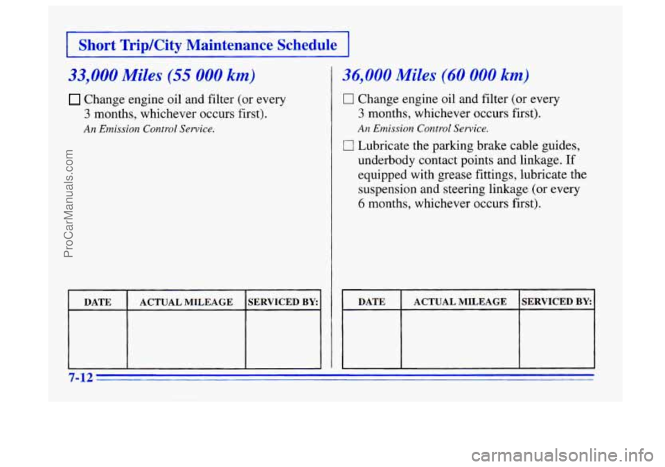 BUICK CENTURY 1996  Owners Manual I Short  TripKity  Maintenance  Schedule I 
33,000 Miles (55 000 km) 
Change engine oil and filter  (or  every 
3 months,  whichever  occurs first). 
An Emission  Control Service. 
DATE 
SERVICED BY: 