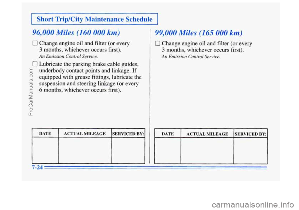 BUICK CENTURY 1996  Owners Manual I Short Trip/City Maintenance  Schedule I 
96,000 Miles (160 000 km) 
0 Change engine oil and filter (or every 
3 months, whichever occurs first). 
An Emission Control Service. 
0 Lubricate the parkin
