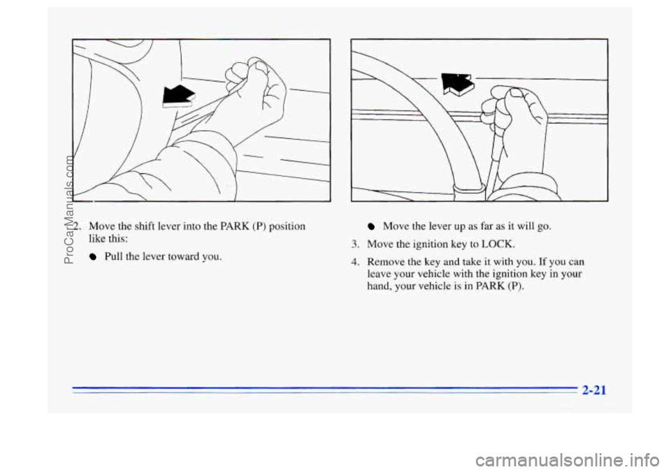 BUICK CENTURY 1996  Owners Manual 2. Move the  shift  lever  into  the PARK (P) position 
like  this: 
Pull  the  lever  toward you. 
Move the lever  up as far as it will go. 
3. Move  the  ignition  key to LOCK. 
4. Remove the key an