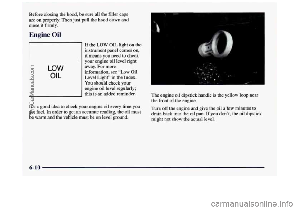 BUICK CENTURY 1997  Owners Manual Before closing the hood,  be sure  all  the filler  caps 
are on properly.  Then just pull  the hood down  and 
close  it  firmly. 
Engine Oil 
LOW 
OIL 
If the LOW OIL light on the 
instrument panel 