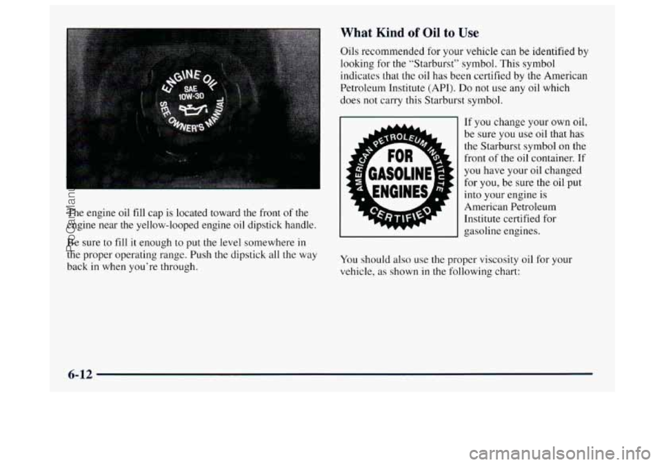 BUICK CENTURY 1997  Owners Manual What Kind of Oil to Use 
I 
The engine oil fill cap  is  located  toward  the  front  of  the 
engine  near  the  yellow-looped engine  oil  dipstick  handle. 
Be  sure  to 
fill it enough to put the 