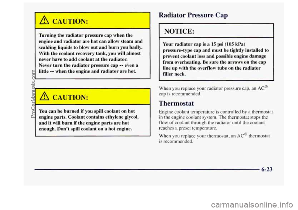 BUICK CENTURY 1997 Owners Manual Radiator Pressure Cap
Turning the radiator pressure cap when the
engine and radiator are hot can allow steam and
scalding liquids to blow out and burn you badly.
With the co BUICK CENTURY 1997 Owners Manual Radiator Pressure Cap
Turning the radiator pressure cap when the
engine and radiator are hot can allow steam and
scalding liquids to blow out and burn you badly.
With the co