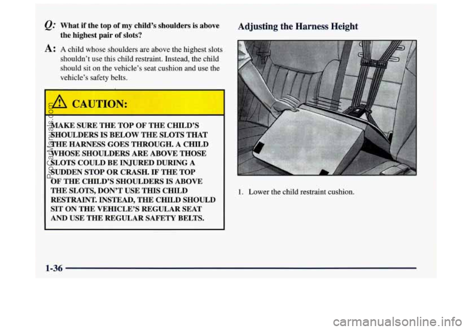 BUICK CENTURY 1997  Owners Manual @ What if the top of my child’s shoulders  is  above 
A: A child whose shoulders are above the highest slots 
the highest  pair of slots? 
shouldn’t  use this  child restraint. Instead, the child 