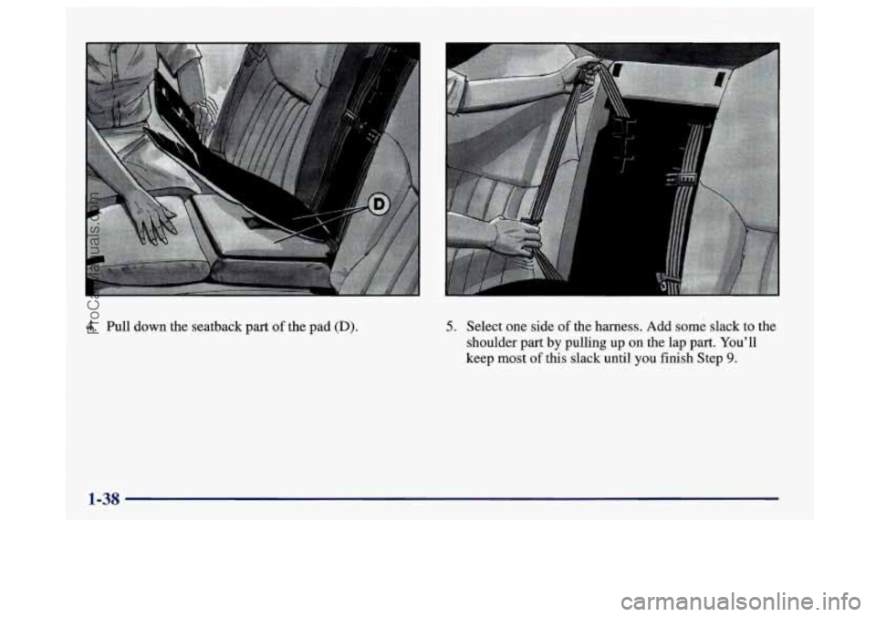 BUICK CENTURY 1997  Owners Manual 4. Pull down the seatback part of the pad (D). 5. Select one side of the harness. Add some slack to the 
shoulder 
part by  pulling  up on the lap part.  You’ll 
keep most 
of this slack until  you 