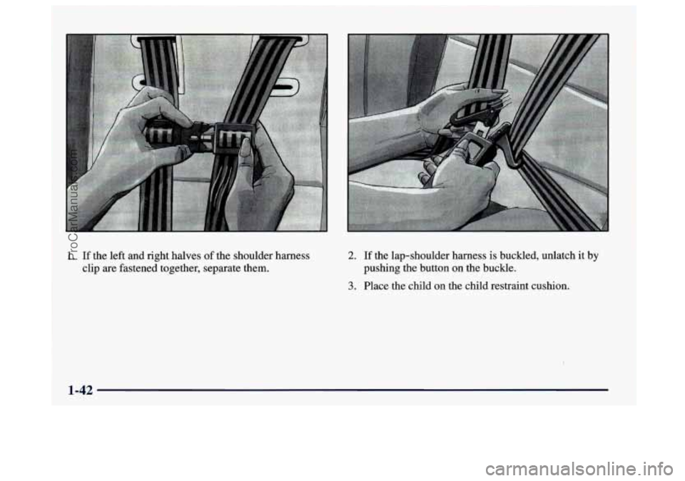 BUICK CENTURY 1997  Owners Manual 1. If the left and right  halves  of the shoulder harness 
clip  are  fastened  together, seprate them. 2. If the lap-shoulder  harness  is buckled, unlatch it by 
pushing the button 
on the buckle. 
