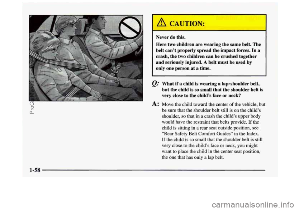 BUICK CENTURY 1997  Owners Manual I 
Never do this. 
Here  two  children are wearing  the same  belt.  The 
belt  can’t  properly spread the impact  forces. 
In a 
crash, the two children can  be crushed together 
and  seriously  in