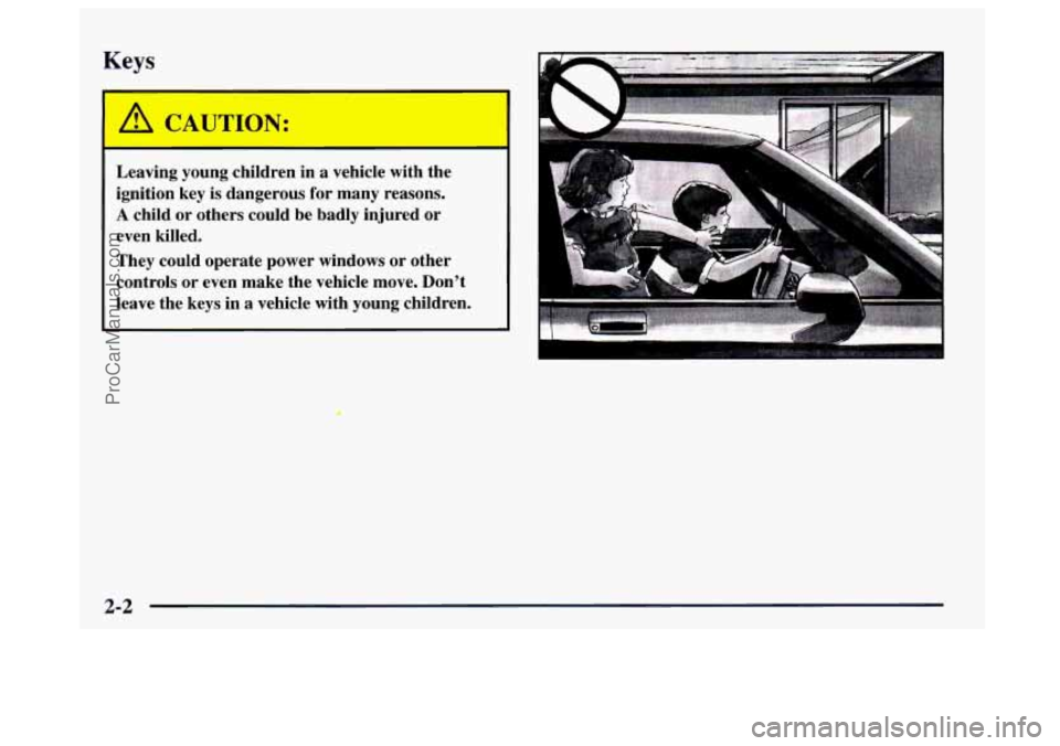 BUICK CENTURY 1997  Owners Manual Keys 
e 
Leaving  young  children  in a vehicle  with  the 
ignition  key  is dangerous  for  many  reasons. 
A child  or  others  could  be  badly  injured  or 
even  killed. 
They  could  operate  p