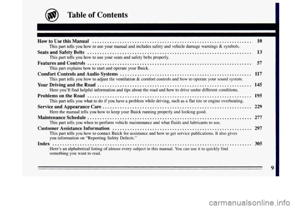 BUICK LESABRE 1993  Owners Manual How to Use this Manual ................................................................ 
This  part tells  you  how  to use  your  manual and  includes  safety and vehicle damage  warnings & symbols. 