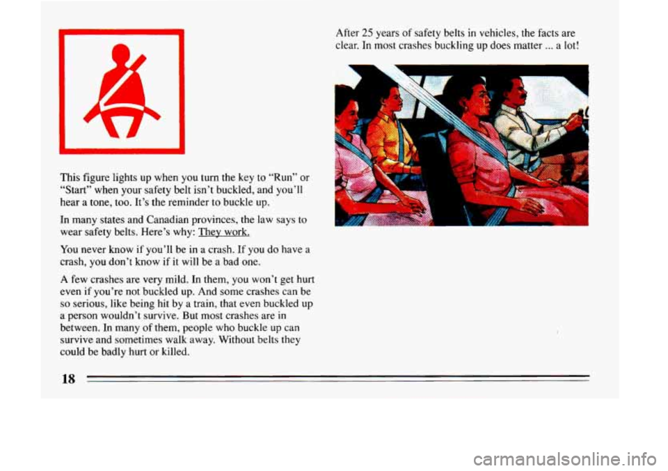 BUICK LESABRE 1993  Owners Manual This figure  lights  up  when  you  turn  the  key  to “Run”  or 
“Start”  when  your  safety belt  isn’t  buckled, and  you’ll 
hear  a  tone,  too.  It’s  the reminder  to buckle  up. 