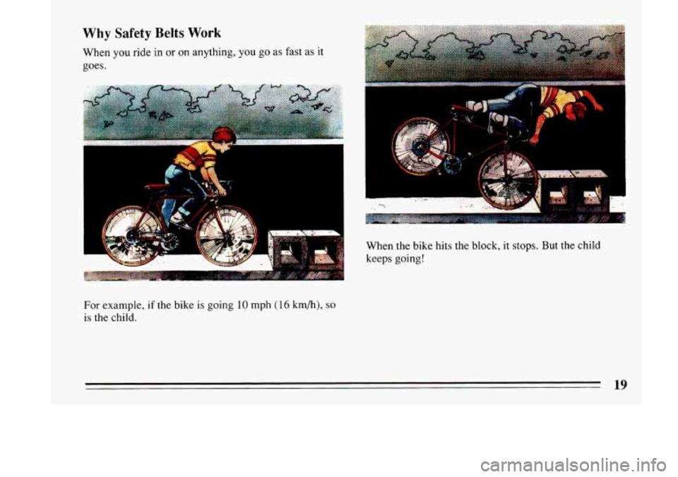 BUICK LESABRE 1993  Owners Manual Why Safety Belts Work 
When you ride in or on anything,  you go as fast  as it 
goes. 
I 
For example, if the bike is going 10 mph (16 km/h), so 
is the child. 
--I <- 
When  the  bike  hits  the  blo